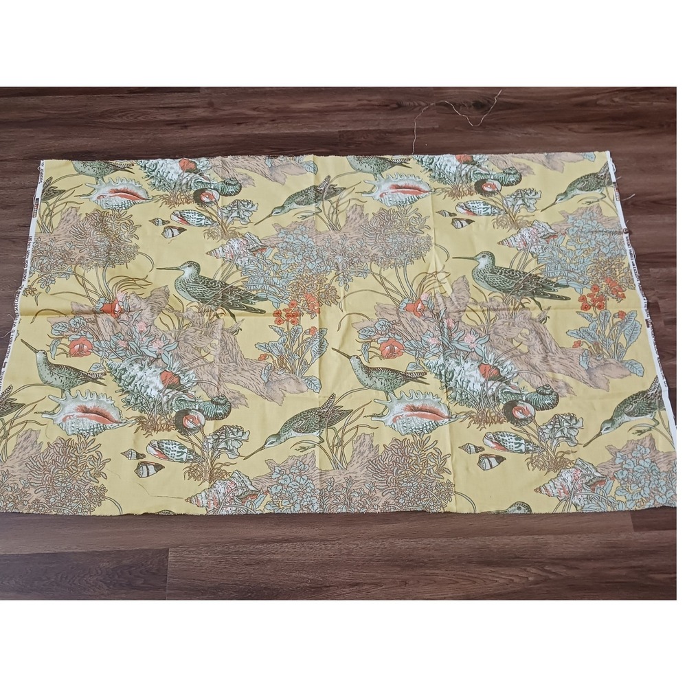 Vintage Waverly Sandpiper Screen Print Fabric Yellow Coastal Bird Shells 54x34